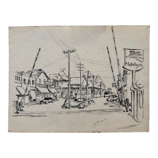 Henry Emil Salloch Original Drawing on Paper Mid-Century Main Street. For Sale