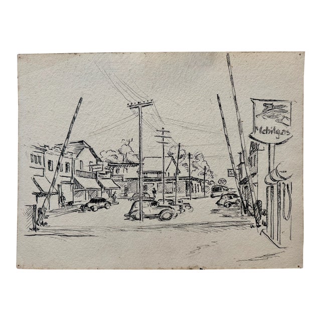 Henry Emil Salloch Original Drawing on Paper Mid-Century Main Street. For Sale