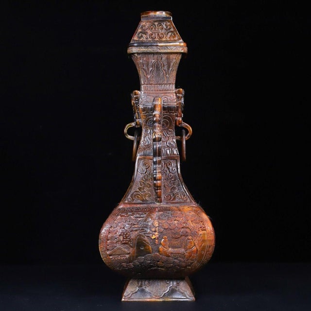 1930s 1930s Carved Horn "Landscape & Figure" Vase With Beast-Head Ring Handles — Detailed Relief For Sale - Image 5 of 10