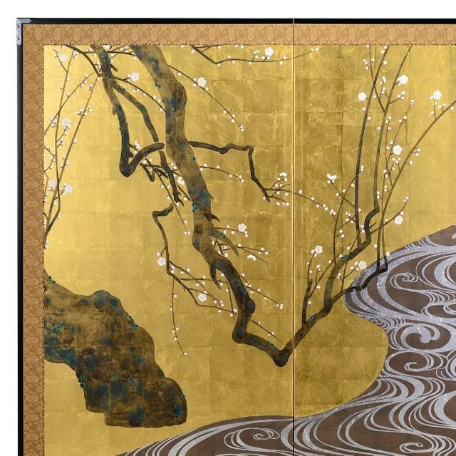 Made-to-Order Japanese Two-Panel Folding Screen “Red & White Plum Blossoms” Inspired by Ogata Kōrin | Hand-Applied Kanazawa Gold & Silver Leaf For Sale - Image 4 of 6