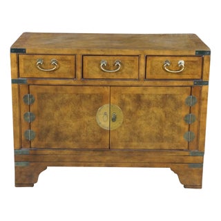 Baker Far East Collection Walnut Burl Chinoiserie Campaign Chest Nightstand MCM For Sale