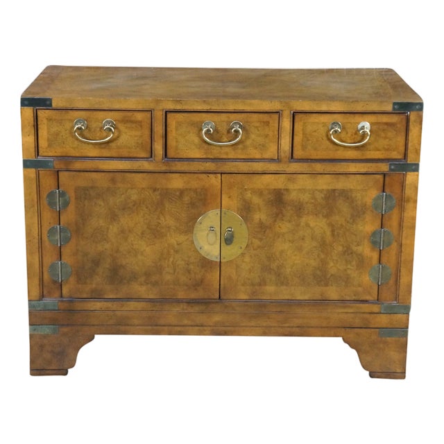 Baker Far East Collection Walnut Burl Chinoiserie Campaign Chest Nightstand MCM For Sale
