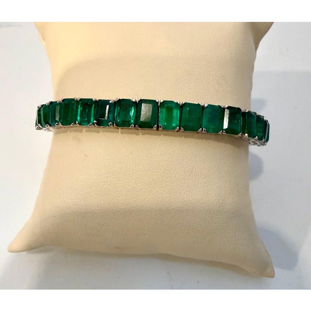 40 Ct Natural Emerald Cut Emerald Cocktail Tennis Bracelet 14 Kt White Gold 7.5" For Sale - Image 10 of 18