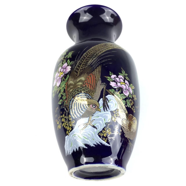 1970s Vintage Cobalt Porcelain Hand Painted Vase Japan For Sale - Image 5 of 10