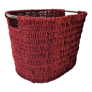 Vintage Magazine Rack/Storage Basket in Deep Red Jute and Metal For Sale