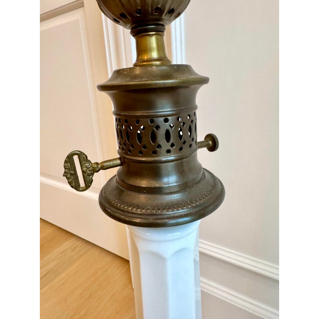English Early 20th Century White Milk Glass & Patinated Brass Table Lamps - a Pair For Sale - Image 3 of 6