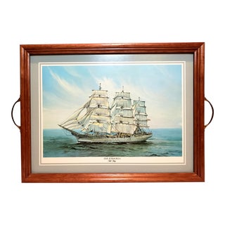 Vintage Nautical Wooden Serving Tray With Brass Handles For Sale