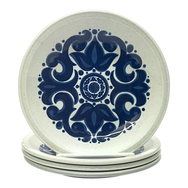 Mid 20th Century Chunky Graphic Blue & White Toledo Design Side Plates by Wedgwood - Set of 4 For Sale