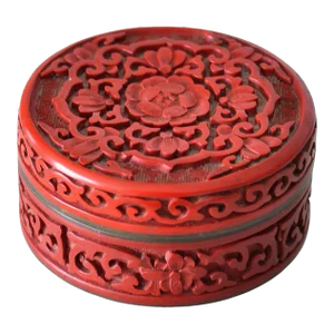 Antique Chinese Cinnabar, Brass and Blue Enamel Trinket Box