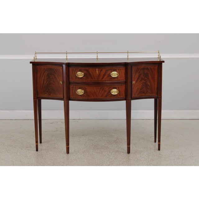 Age: C.1995 Details: Model 2356A Mahogany Tall Tapering Legs Brass Gallery Top High Quality Construction Nice Inlay Work...