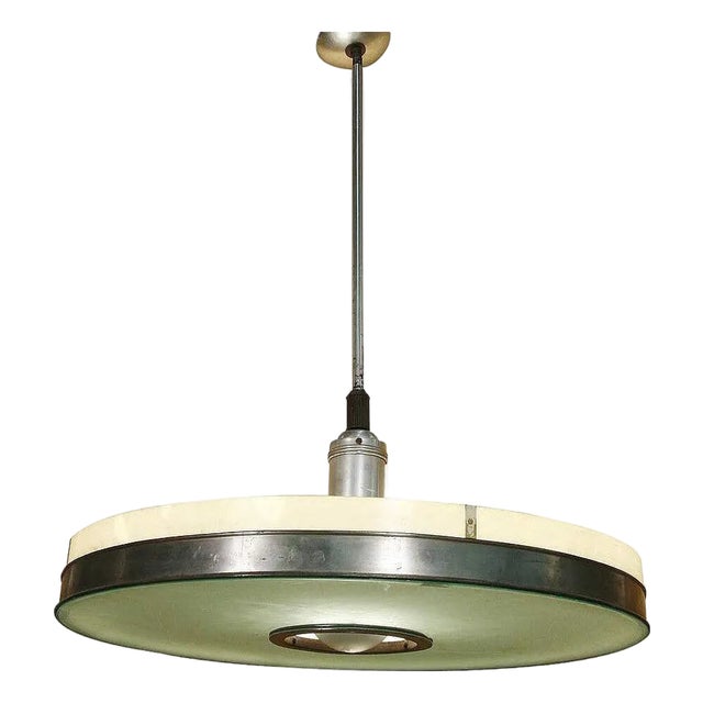1930s Original May Company Wilshire Streamline Art Deco Stainless Pendant Ceiling Lamp For Sale