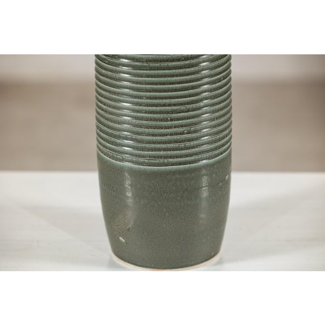 Ceramic Tall Artisan Ceramic Hand-Crafted Vase with Ribbed Body and Green Glaze For Sale - Image 7 of 16
