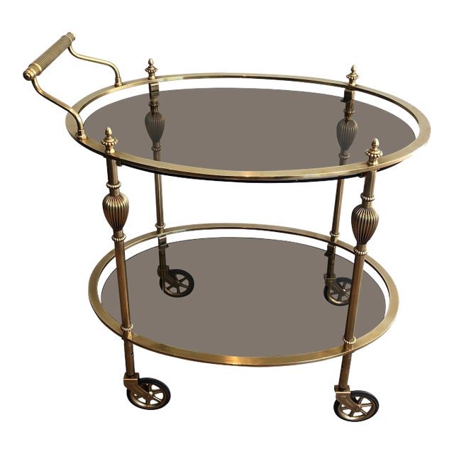 1940s Maison Jansen Style Oval Brass Bar Cart with Smoked Glass Shelves For Sale
