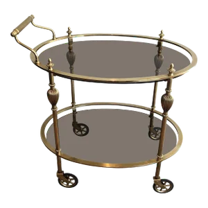 1940s Maison Jansen Style Oval Brass Bar Cart with Smoked Glass Shelves