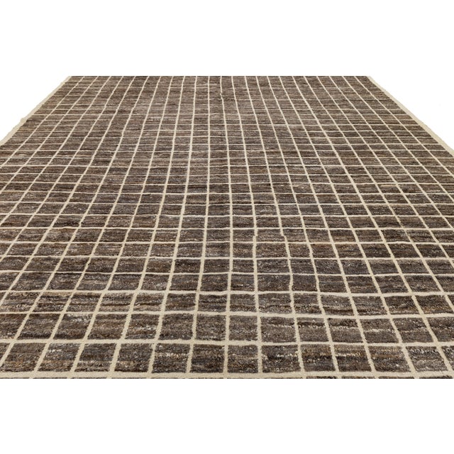 12x16 Brown Modern Moroccan Style Grid Hand-Knotted Wool Area Rug For Sale - Image 4 of 9