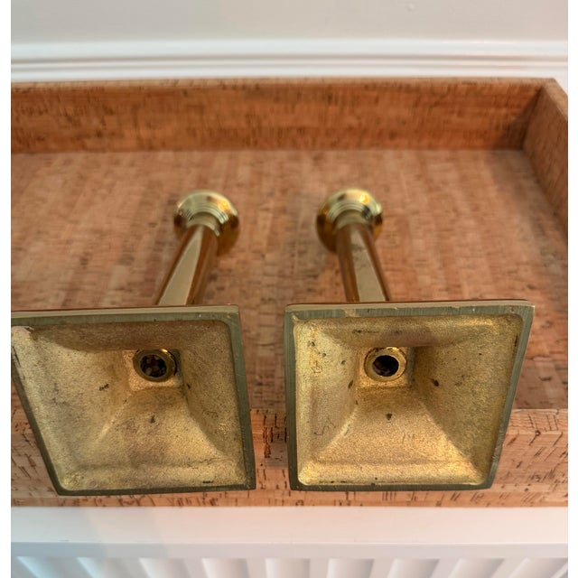 Late 20th Century Pair of Vintage Polished Brass Neoclassical Column Candlesticks- Heavy For Sale - Image 5 of 8