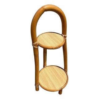 1950s Restored Rattan & Formica Mini Side Drink/Smoke Stand With Handle For Sale