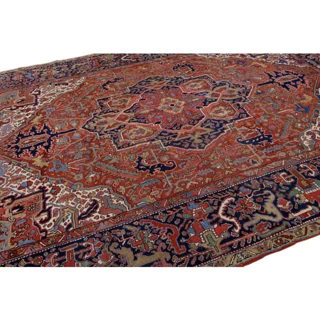 Red Antique Persian Heriz Handmade Rust Wool Rug With Medallion Design For Sale - Image 8 of 11