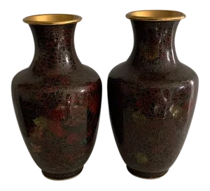 1960s Chinese Cloisonne Vases With Floral Decoration - a Pair