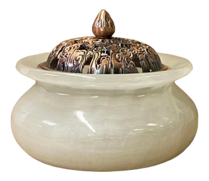 Chinese White Stone Carved With Metal Lid Incense Burner Candle Holder