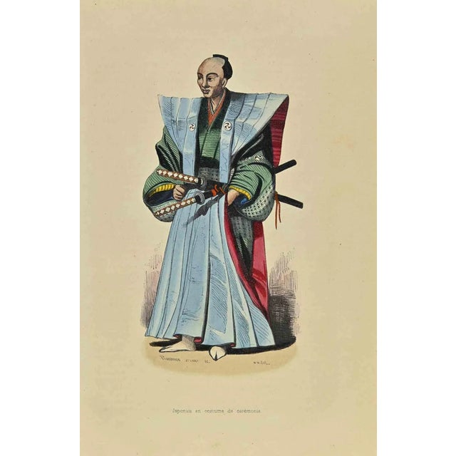 Japanese in Ceremonial Costume is a lithograph made by Auguste Wahlen in 1844. Hand colored. Good condition. At the center...