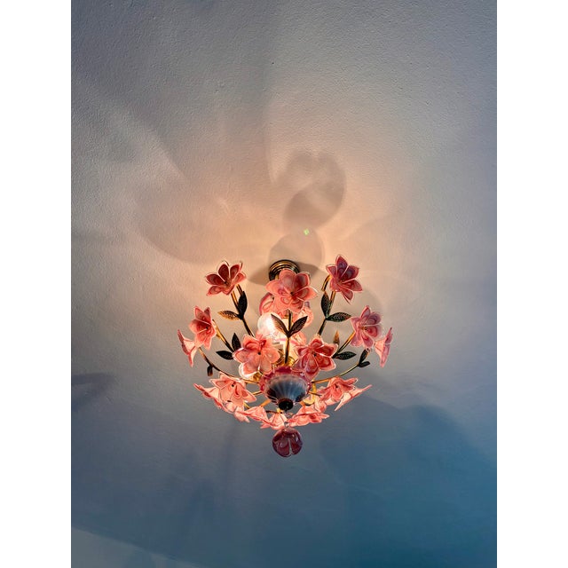 Glass 1980s Italian Pink Murano Style Glass Floral Chandelier – Hand-Painted Porcelain & Brass Ceiling Light For Sale - Image 7 of 18
