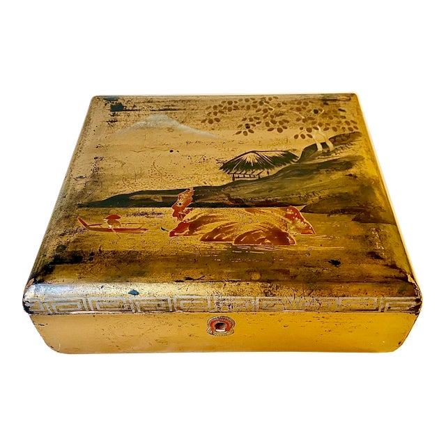 Vintage Japanese Gold Lacquered Wood Box For Sale