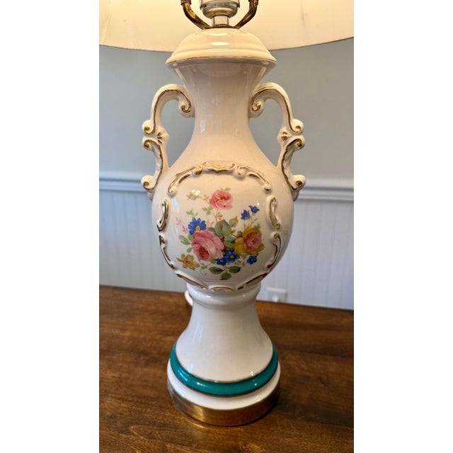 Mid-Century Modern Urn Porcelain Vintage Lamp With Floral Designs For Sale - Image 3 of 12