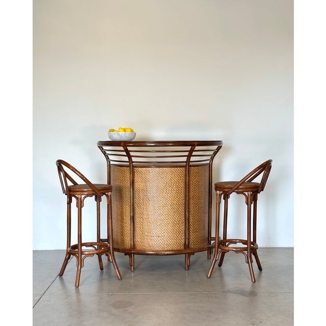 Mid-Century Modern Bamboo Bar and Stools, Set of 3 For Sale - Image 3 of 18