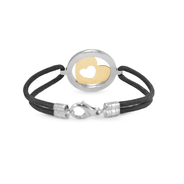 Metal Bvlgari Tondo 18k Yellow Gold Steel Black Leather Two Tone Heart Bracelet For Sale - Image 7 of 8