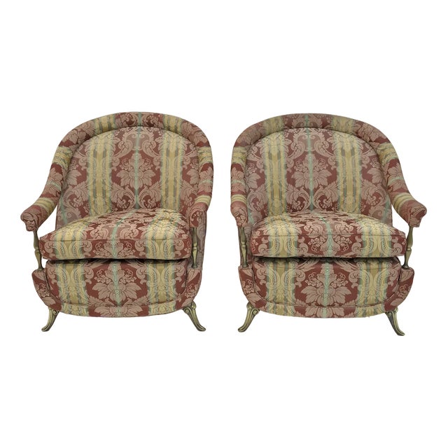 Set of Art Deco Style French Brass and Fabric Armchairs, 1950s For Sale