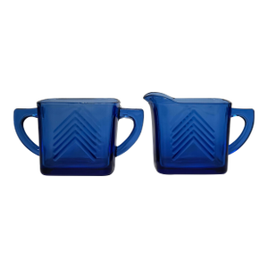 Vintage Art Deco "Chevron" Cobalt Blue Depression Glass Sugar & Creamer Set