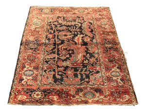 1900s Vintage Blue Background Color Rug- 3′7″ × 4′6″