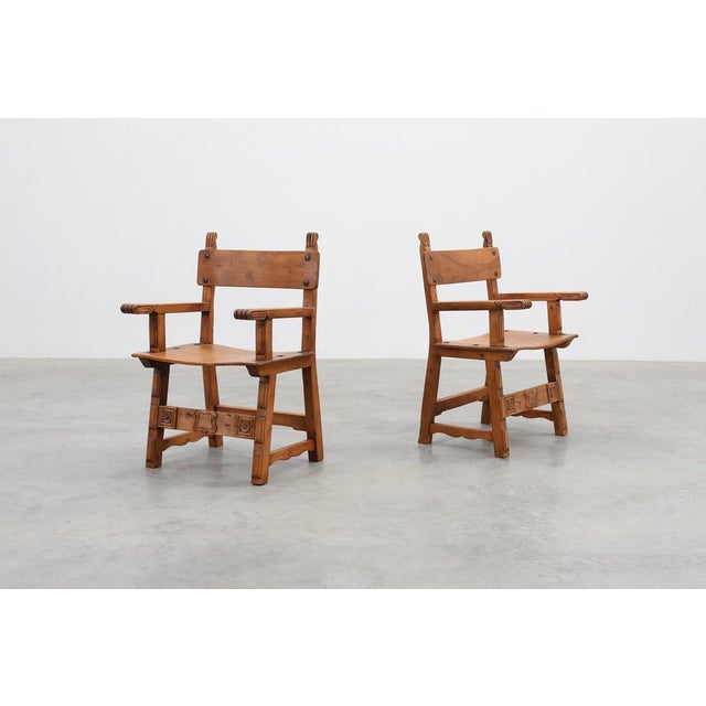 Wood Rustic Carved Oak Side Chairs, Spain, 1900, Set of 2 For Sale - Image 7 of 13
