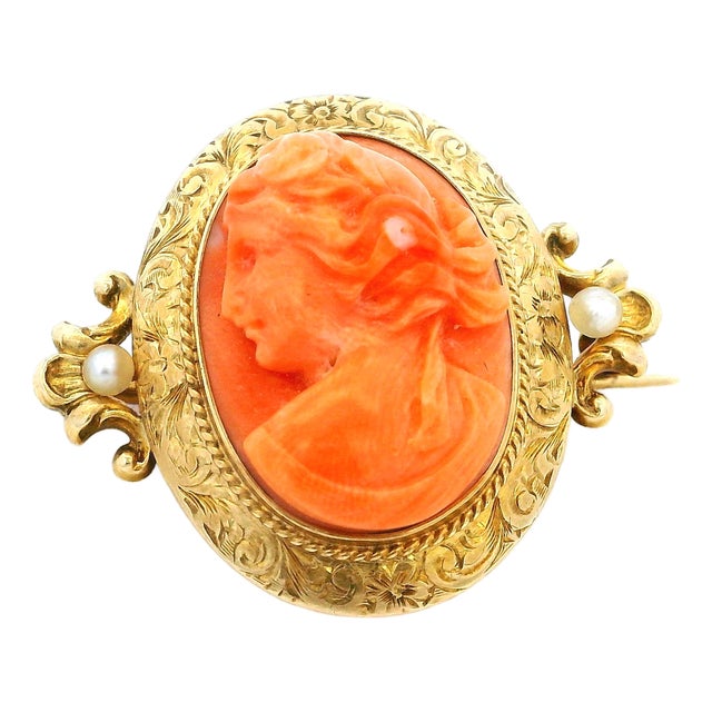 Late 19th Century Victorian Hand-Carved Mediterranean Coral Cameo Brooch in 14k Gold With Seed Pearls For Sale