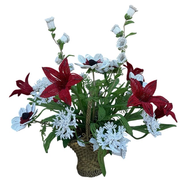 Mid 20th Century Vintage French Imortelle Glass Beaded Memorial Basket Bouquet For Sale - Image 5 of 12