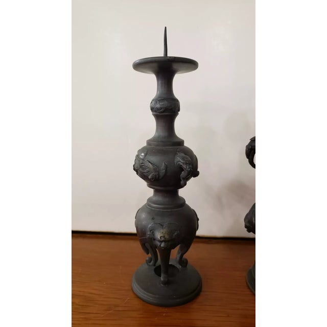 Japanese Set of 3 Late 19th Century Japanese Bronze Pricket Buddhist Temple Candlesticks (Meiji Period) For Sale - Image 3 of 8