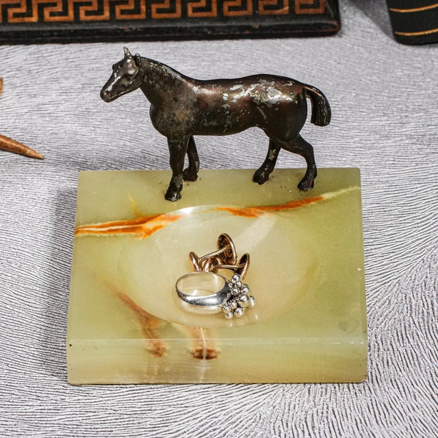 Metal Wonderful Antique Cast Metal Horse and Onyx Stone Catchall Jewelry Desk Dresser Home Equestrian Country Decor For Sale - Image 7 of 12