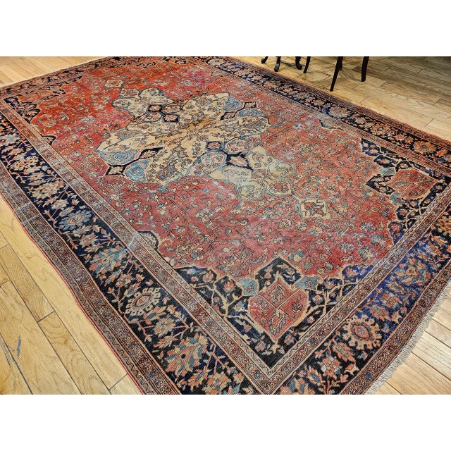 Persian Mid 19th Century Farahan Rug, Hand-Knotted Wool, Floral Medallion Pattern, Red & Blue, 8x12 For Sale - Image 3 of 18