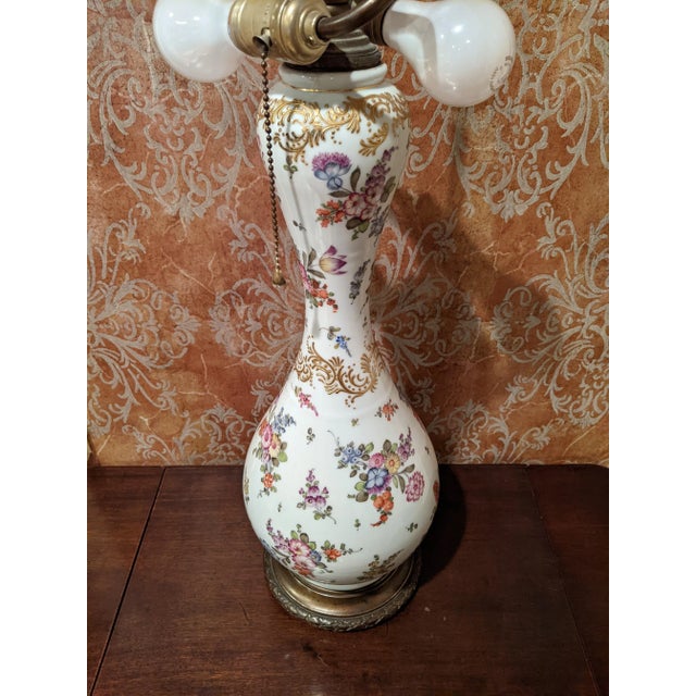White Mid 1900's Floral Porcelain Lamp with Light Tarnish on Brass For Sale - Image 8 of 12