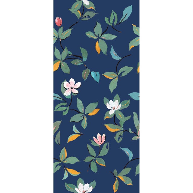 Art Deco Large Scale, Magnolias Wallpaper by Paule Marrot in Midnight Blue For Sale - Image 3 of 3