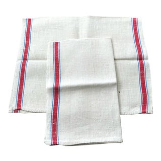 Vintage Red and Blue Stripe Linen Tea Towels - a Pair For Sale