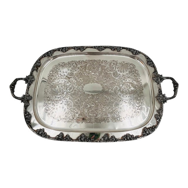 Vintage XL Silverplated Tray Grape, Vine and Scallop Shell Details For Sale