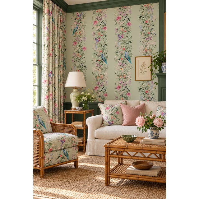 Chinoiserie Mahjong Floral Stripe Grasscloth Wallpaper by House Party | Green Dragon | 8 Yards For Sale - Image 3 of 10