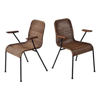 Rattan and Iron Stackable Elbow Chairs by Gian Franco Legler, Switzerland, 1960s, Set of 2 For Sale