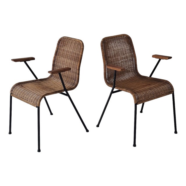 Rattan and Iron Stackable Elbow Chairs by Gian Franco Legler, Switzerland, 1960s, Set of 2 For Sale