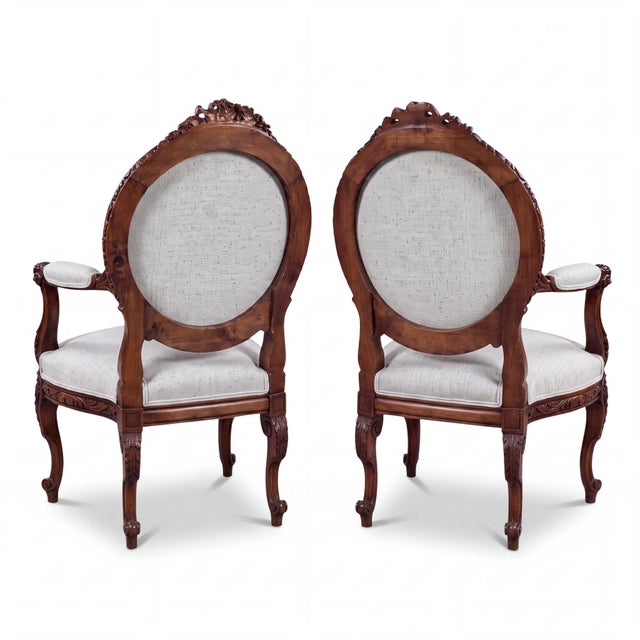 Ivory 19th-C. French Neo-Classical Carved Walnut Bergere Chairs With Rams - Pair For Sale - Image 8 of 12