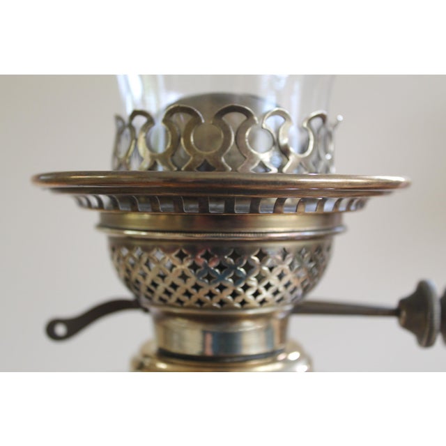 Metal Art Nouveau Oil Lamp with Hand Blown, Etched Glass Shade and Duplex Burner, 1890s For Sale - Image 7 of 13