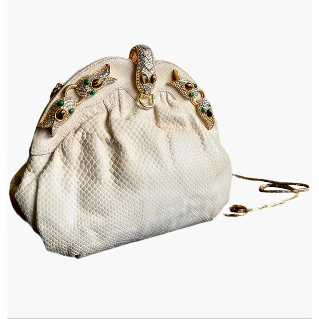 Chinoiserie Judith Leiber Style Crystalized Serpent Ivory Snakeskin Clutch For Sale - Image 3 of 10