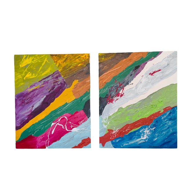Original Signed Elbirt Abstract Expressionist Diptych – Vibrant Impasto Contemporary Art on Canvas Description Make a bold...